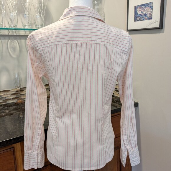 Women's Buttoned-Up Blouse Twin Stripe Red Yellow Long-Sleeve Collared Shirt - Picture 5 of 5